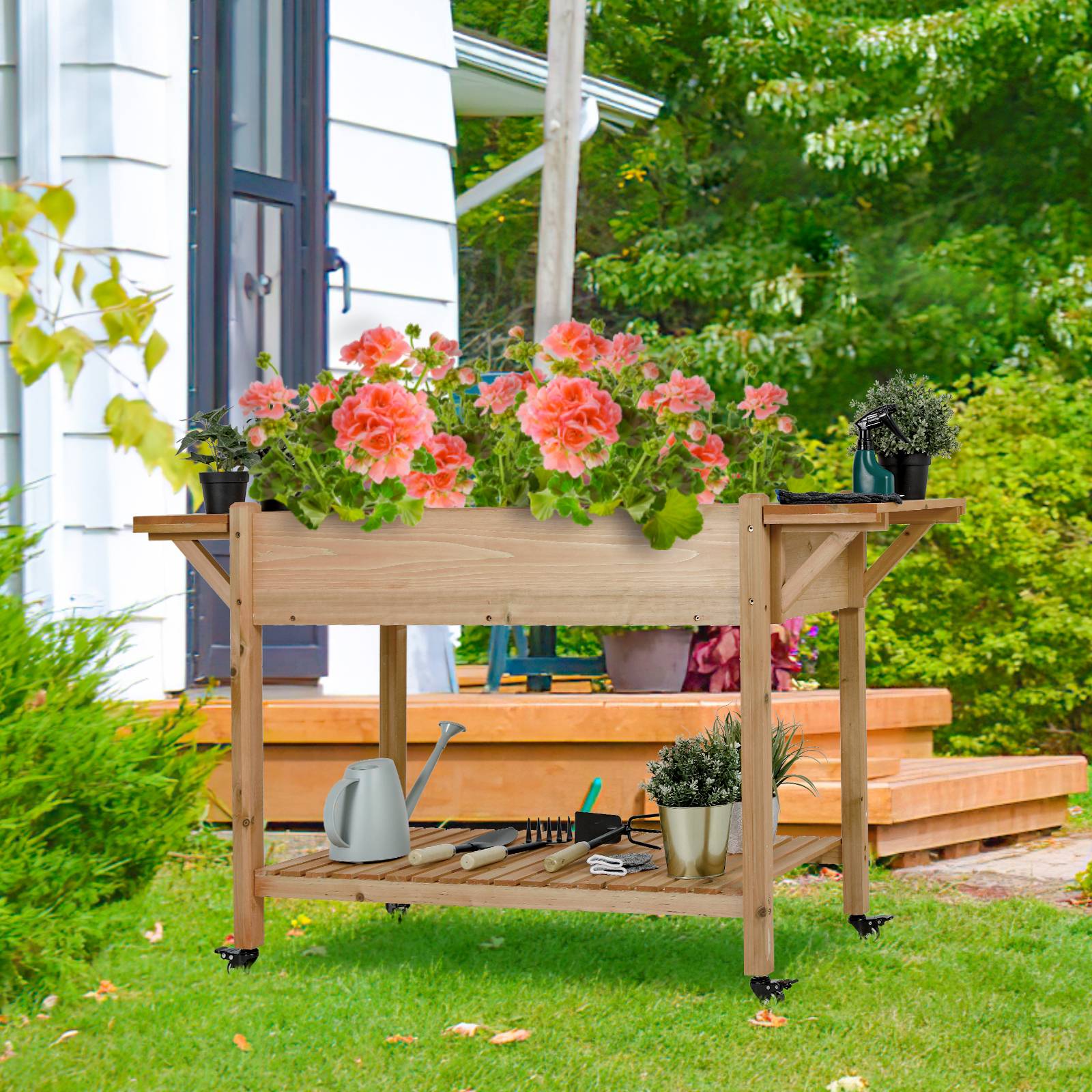 Pirecart Raised Garden Bed Wood Elevated Planter Bed W/ Lockable Wheels