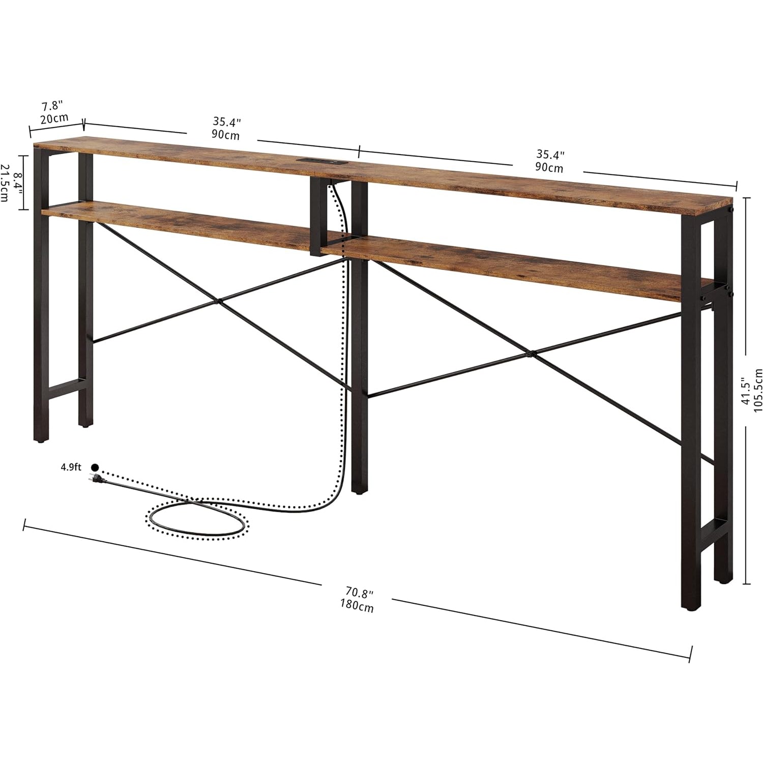 Industrial Console Table X-shaped Entryway Table Narrow Sofa Table with Power Outlet and Shelves