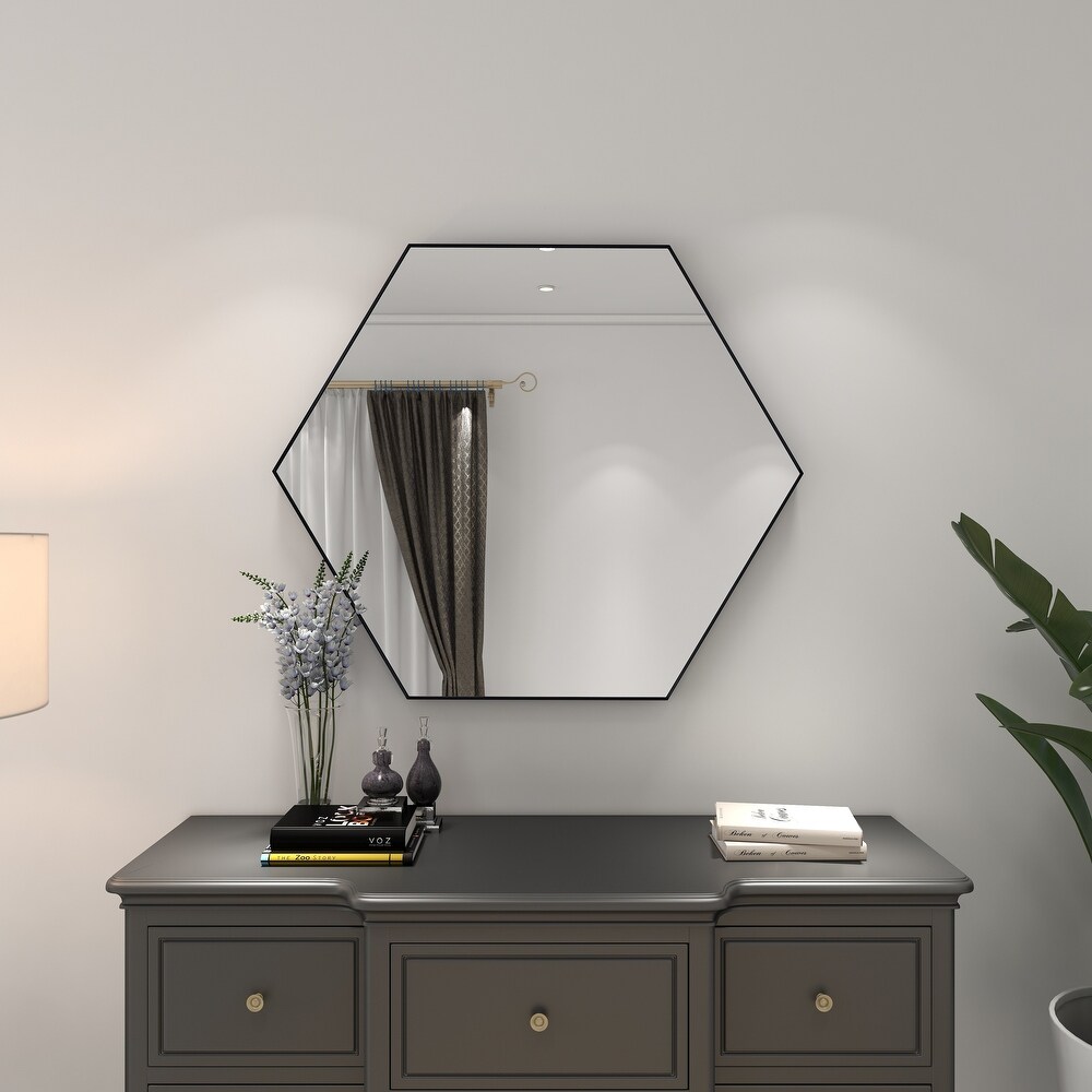 Contemporary Hexagon Wood Wall Mirror   Multiple Finishes and Sizes