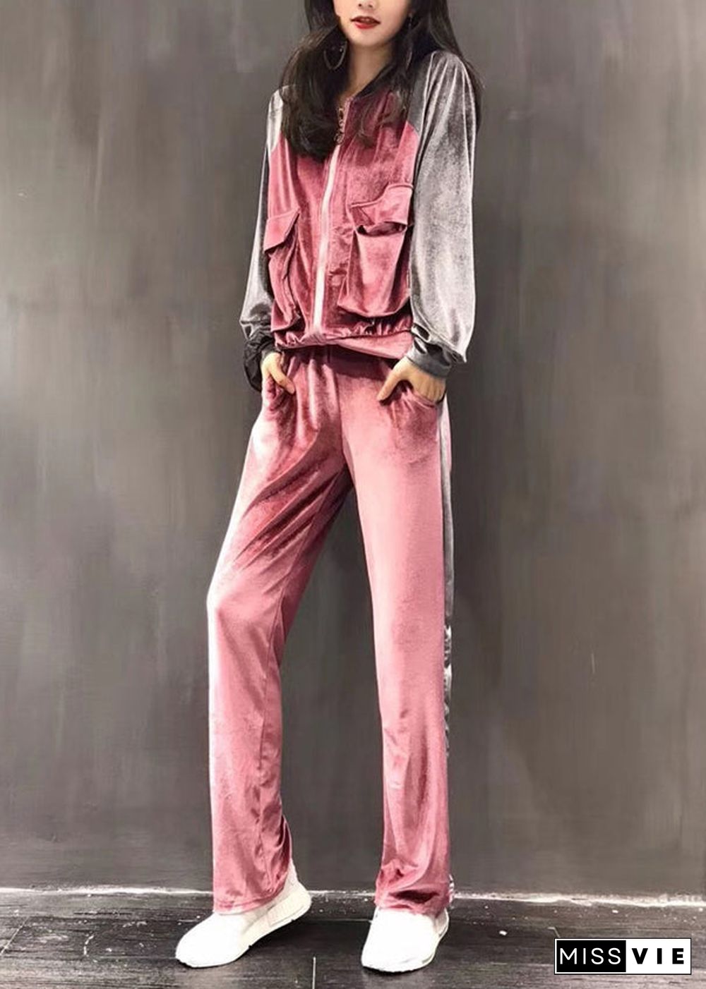 Sexy Pink Zippered Silk Velour Coats And Wide Leg Pants Two Pieces Set Long Sleeve