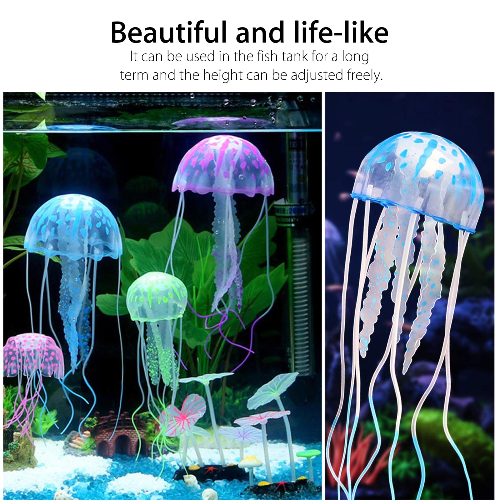 4pcs Jellyfish Aquarium Decorations， TSV Glowing Effect Artificial Jellyfish Aquarium Decor， Fish Tank Ornament Silicone Decoration， Instant Suction Cup Installation