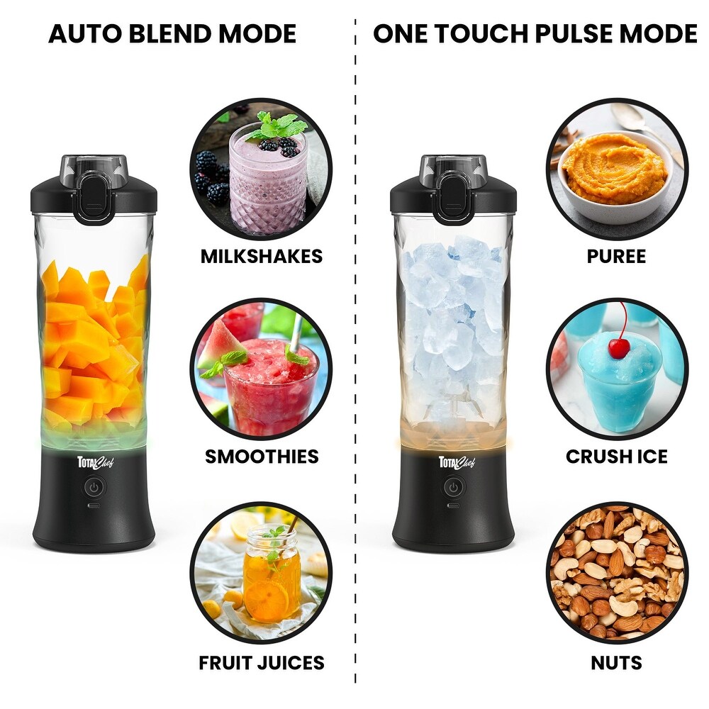 Total Chef Cordless Portable Blender 20 oz  USB Rechargeable  Black