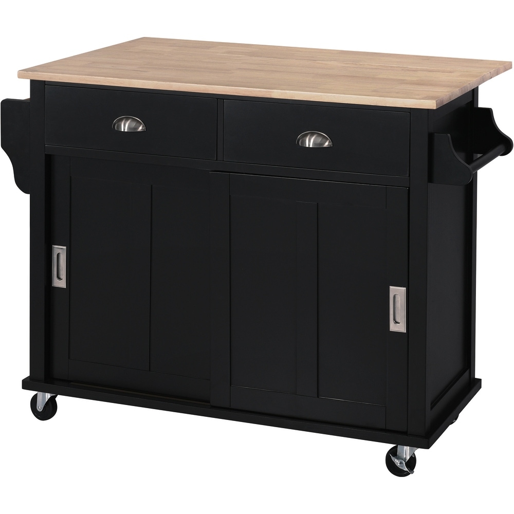 Kitchen Cart with Rubber wood Drop Leaf Countertop  Concealed Sliding Barn Door  Storage Cabinet   2 Drawers for Dinning Room