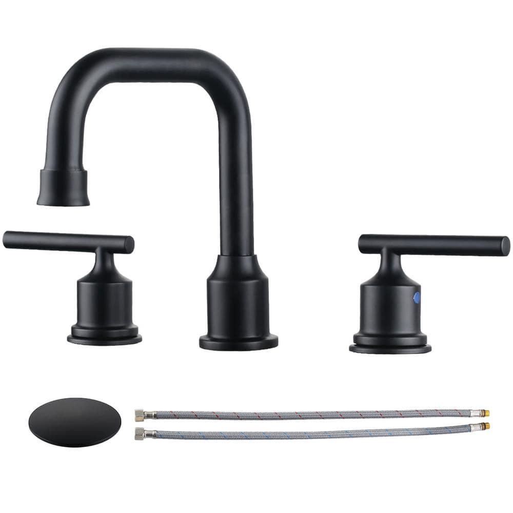 WOWOW 8 in Widespread Double Handle Bathroom Faucet with Drain Kit in Matte Black