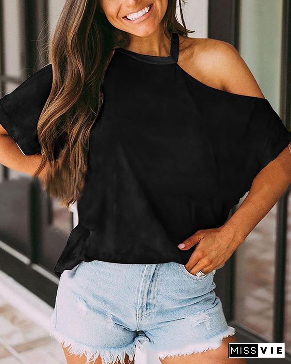 Women Off-Shoulder Short Sleeve Casual T-Shirt