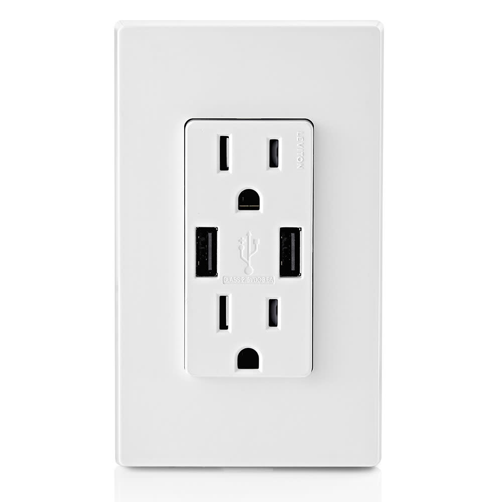 Leviton Receptacle/Outlet and 3.6A USB Charger 15A 125V White