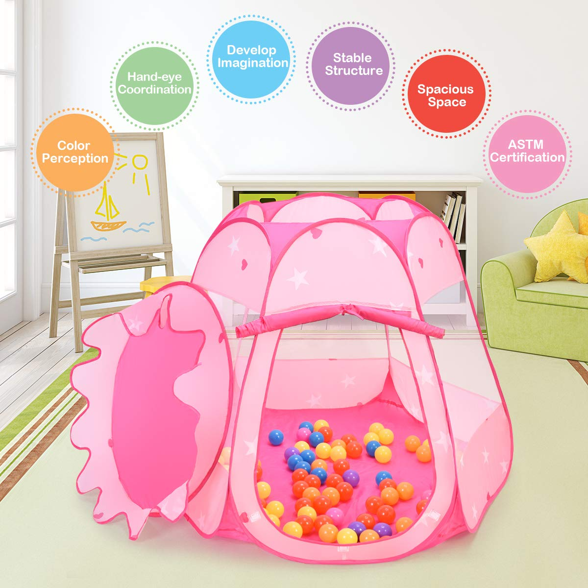 Costzon Princess Pop Up Tent w/ 100 Balls Included, Foldable Portable Children Play Tent with Carrying Bag