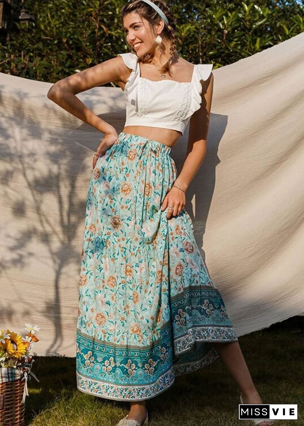 Boho Skirts in Flower Blue Sky For Women