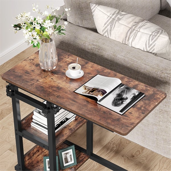 Height Adjustable C Table， Sofa Side Tables， Mobile End Table with Storage Shelves