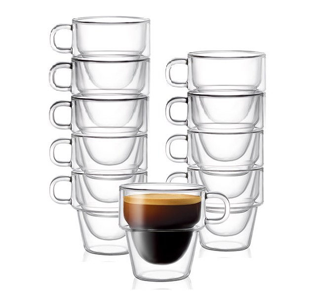 Joyjolt Stoiva Double Walled Espresso Glass Cups Set Of 8 Stackable Shot Mugs With Handle 5 Oz