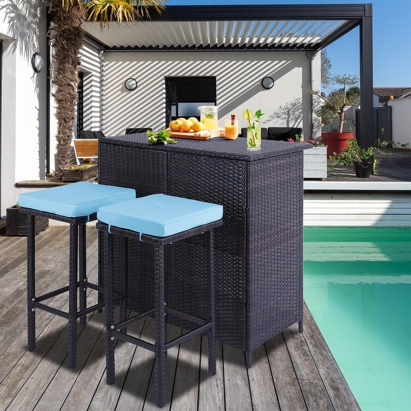 3 Piece Patio Bar Set，Outdoor Bar Table and Chairs Set for 2，Tiki Wicker Bar Table Set with Stools and Removable Cushions