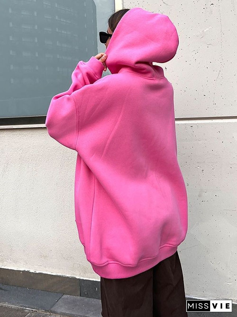 Long Sleeves Loose Pockets Solid Color Velvet Hooded Hoodies Tops