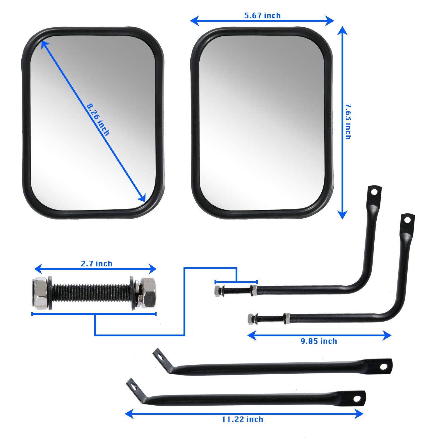 Door Off Mirror Rectangular Quick Release Mirrors for 97-19 Jeep Wrangler JK JL