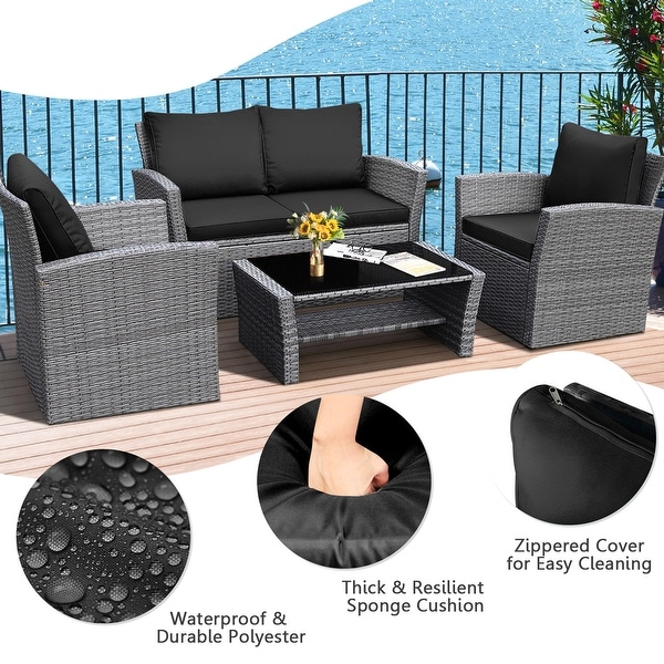 Gymax 4PCS Patio Rattan Conversation Set Outdoor Furniture Set w/