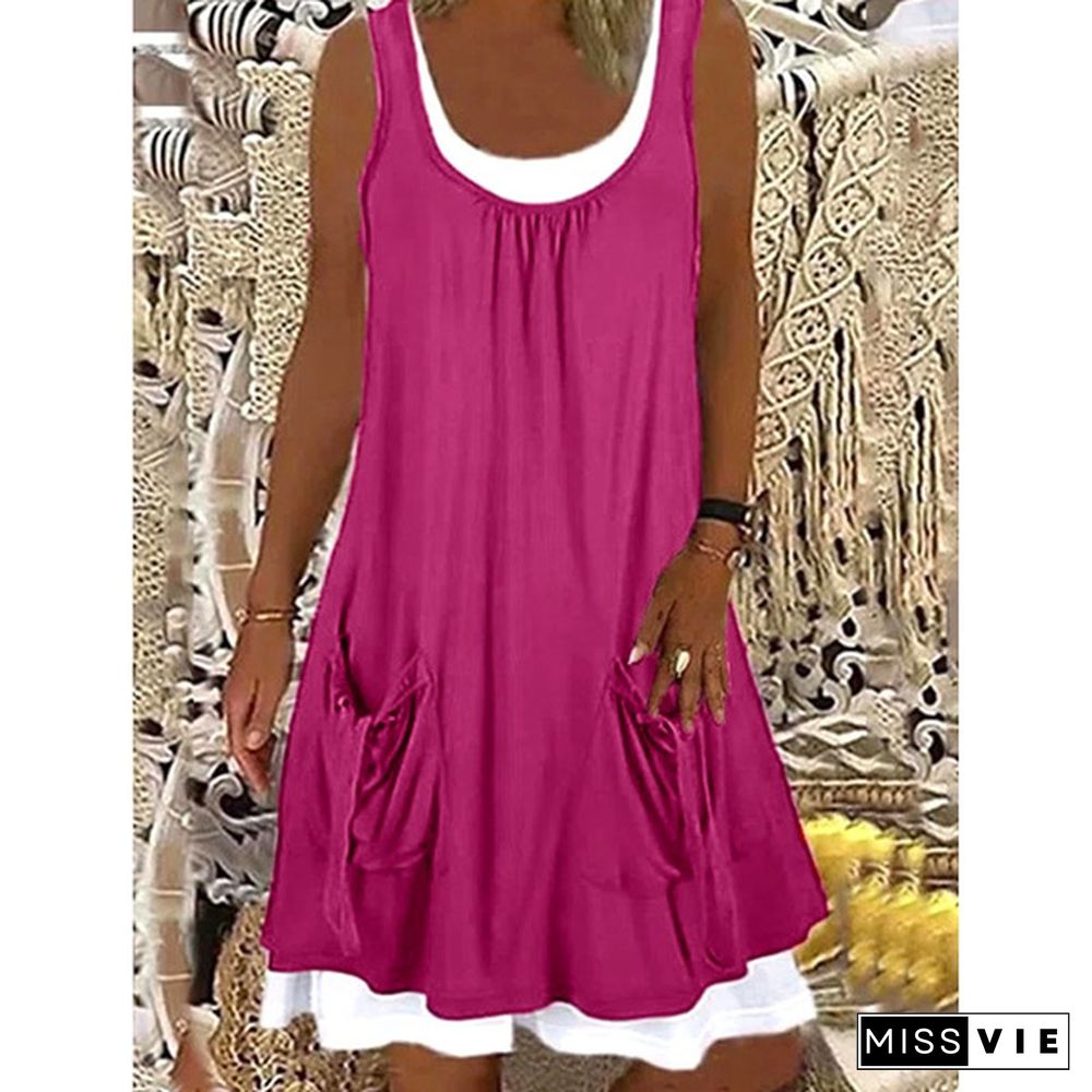 Xs-8Xl Summer Dress Plus Size Fashion Clothes Women's Casual Beach Wear Sleeveless Tank Top Dresses With Pockets Ladies Off Shoulder Stiching Layered Party Dress O-Neck Cotton Blending Loose Dress