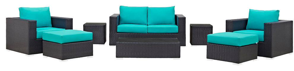 Convene 8 Piece Outdoor Patio Sofa Set  Espresso Turquoise   Tropical   Outdoor Sofas   by Kolibri Decor  Houzz