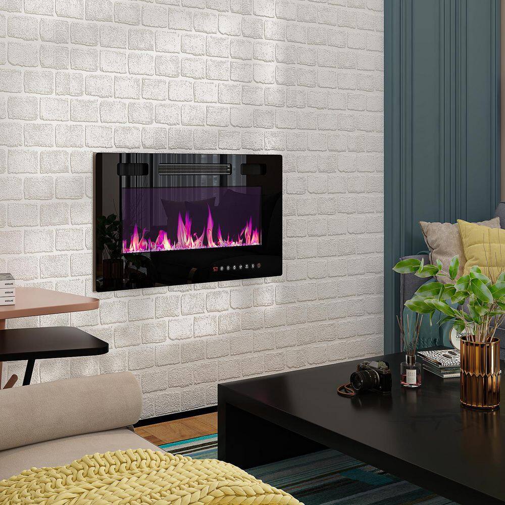 FUFUGAGA 30 in. Wall-Mount Electric Fireplace in Black with Adjustable Flame Colors and Speed Touch Screen Remote Control KF020305