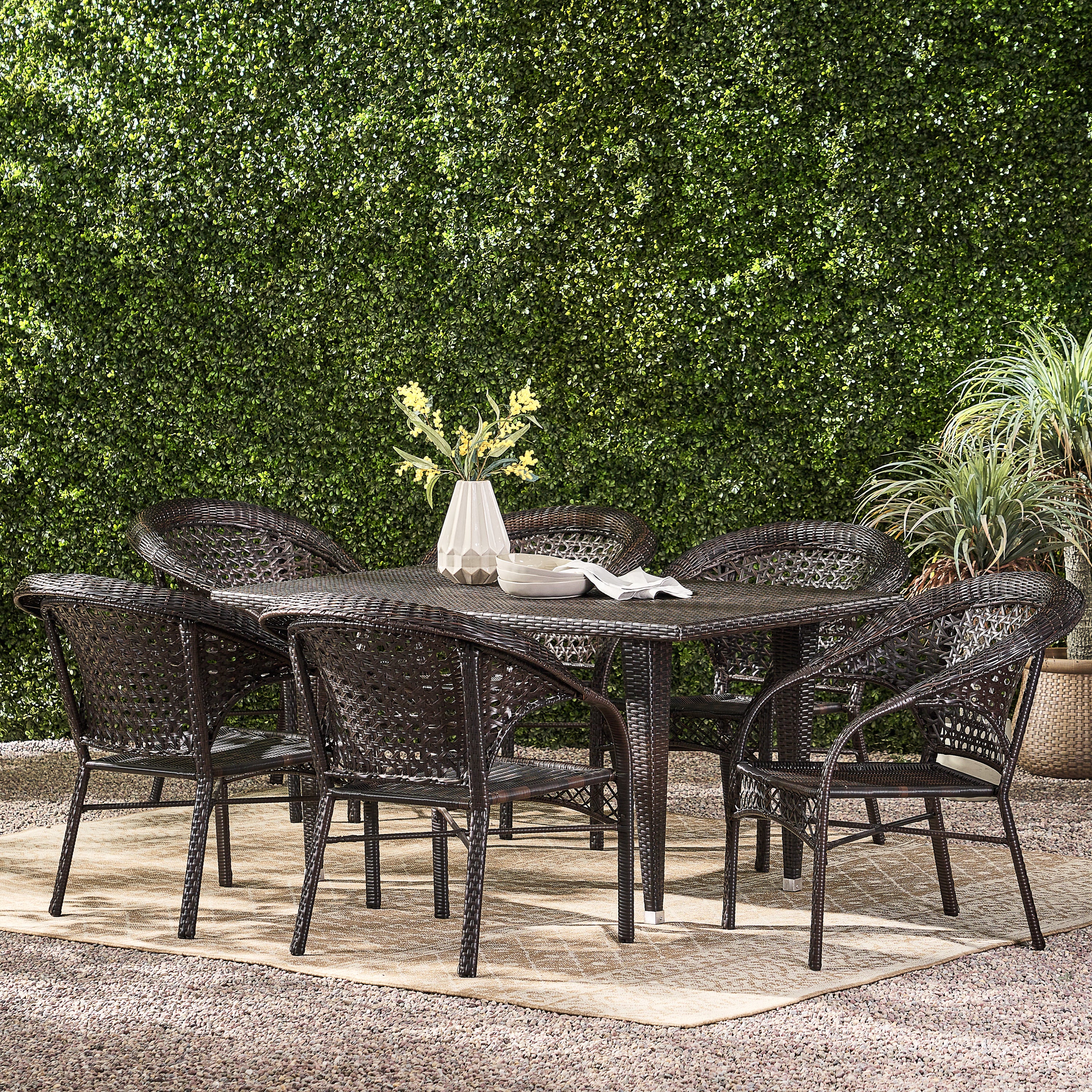 Louisiana Outdoor 7-Piece Brown Wicker Dining Set with Stackable Chairs