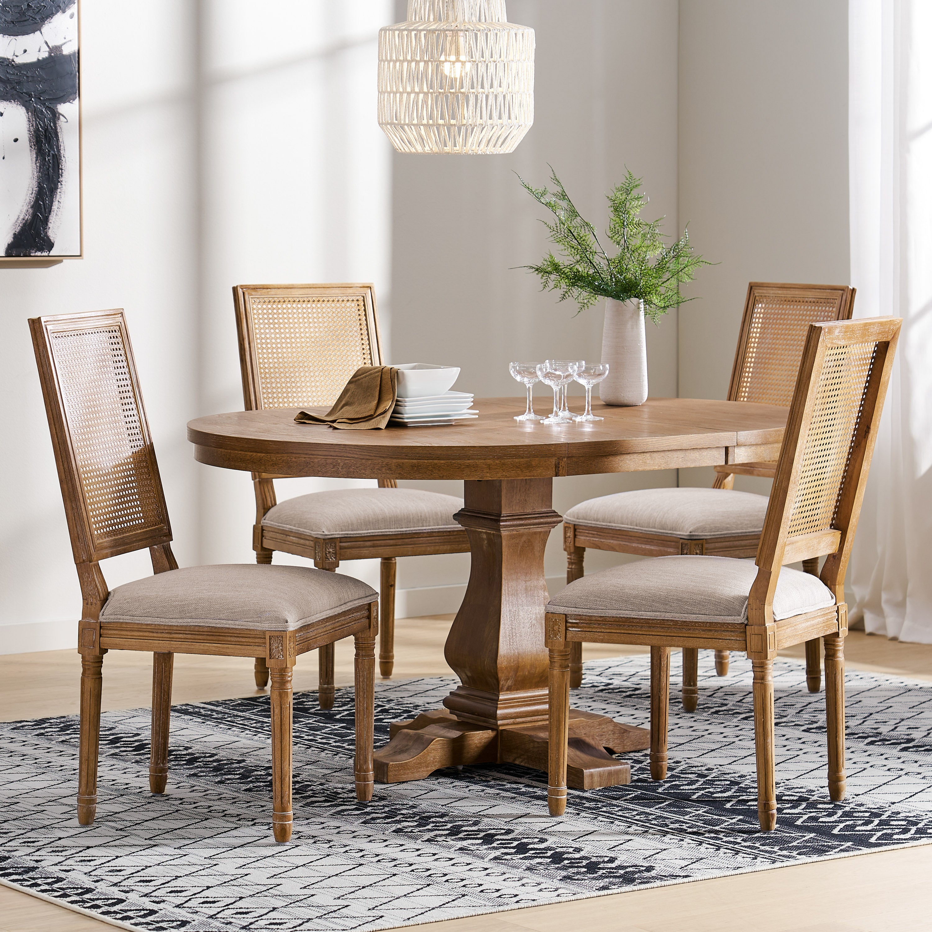 Brownell French Country Wood and Cane 5-Piece Expandable Oval Dining Set