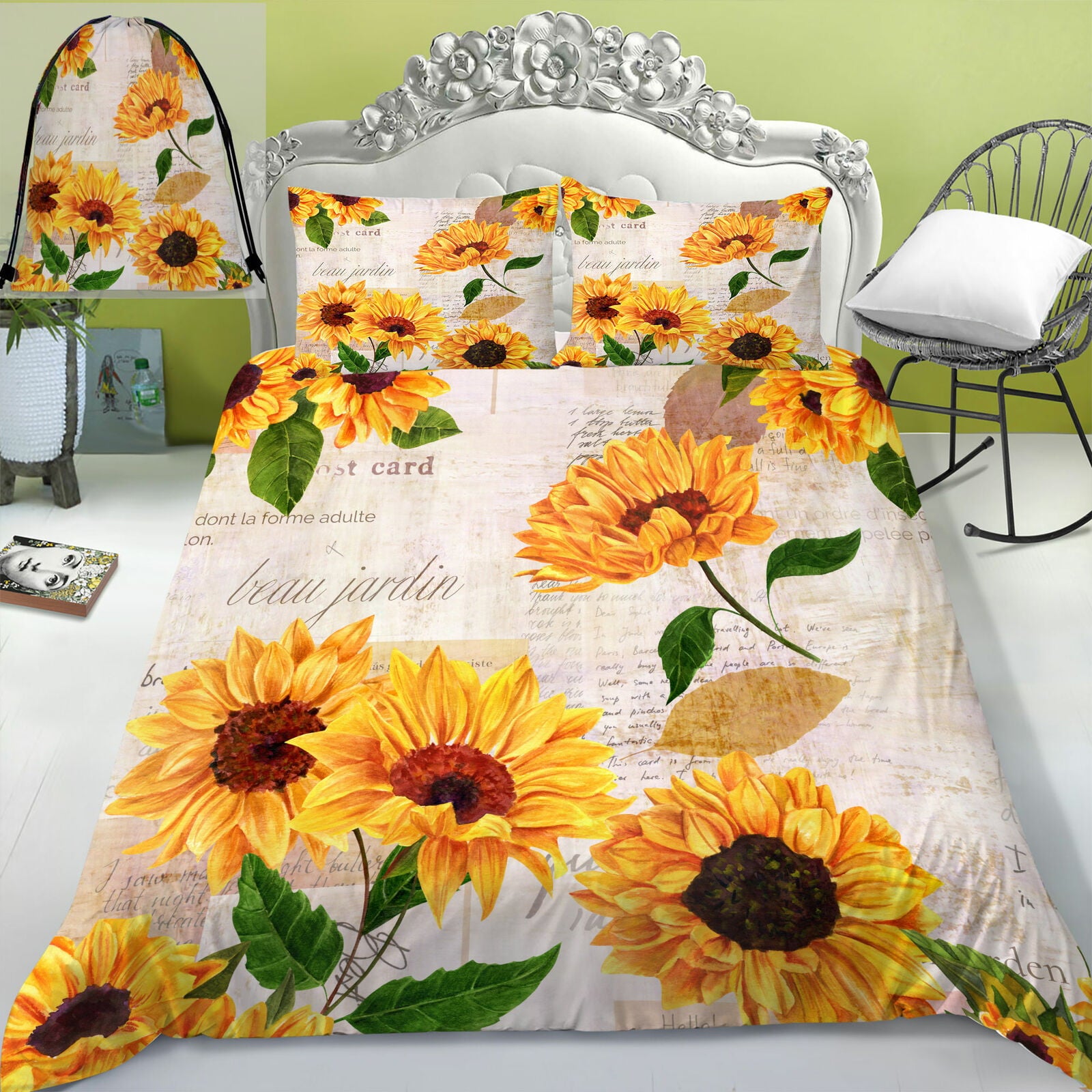 3D Yellow Sunflower Print Bedding Set Duvet Cover Set Bed Cover Gift 2/3pcs Bedding Set Bed Quilt Cover Set，California King (98