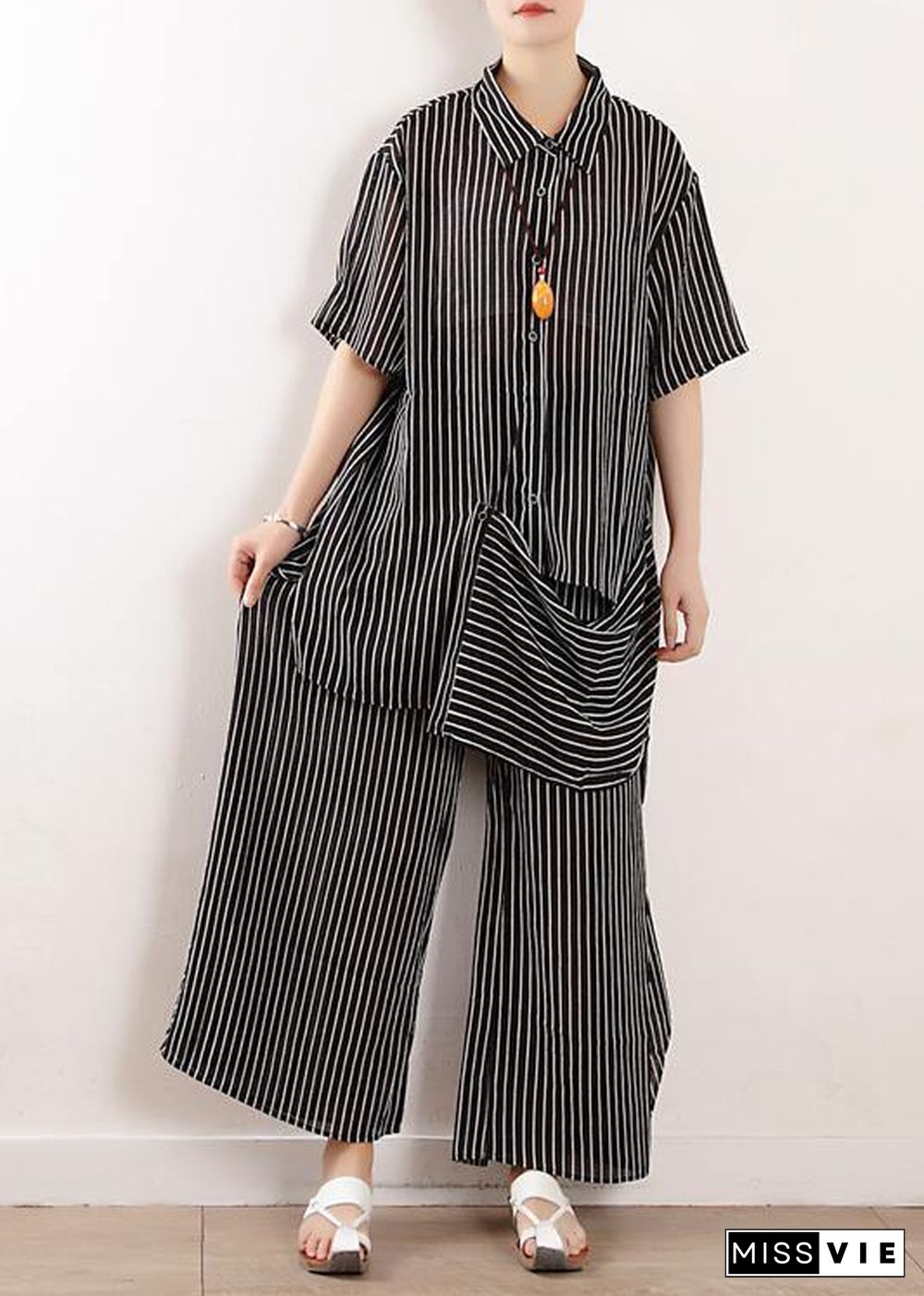 Original literary loose large size gray stripes were thin and irregular chiffon wide-leg pants two-piece suit