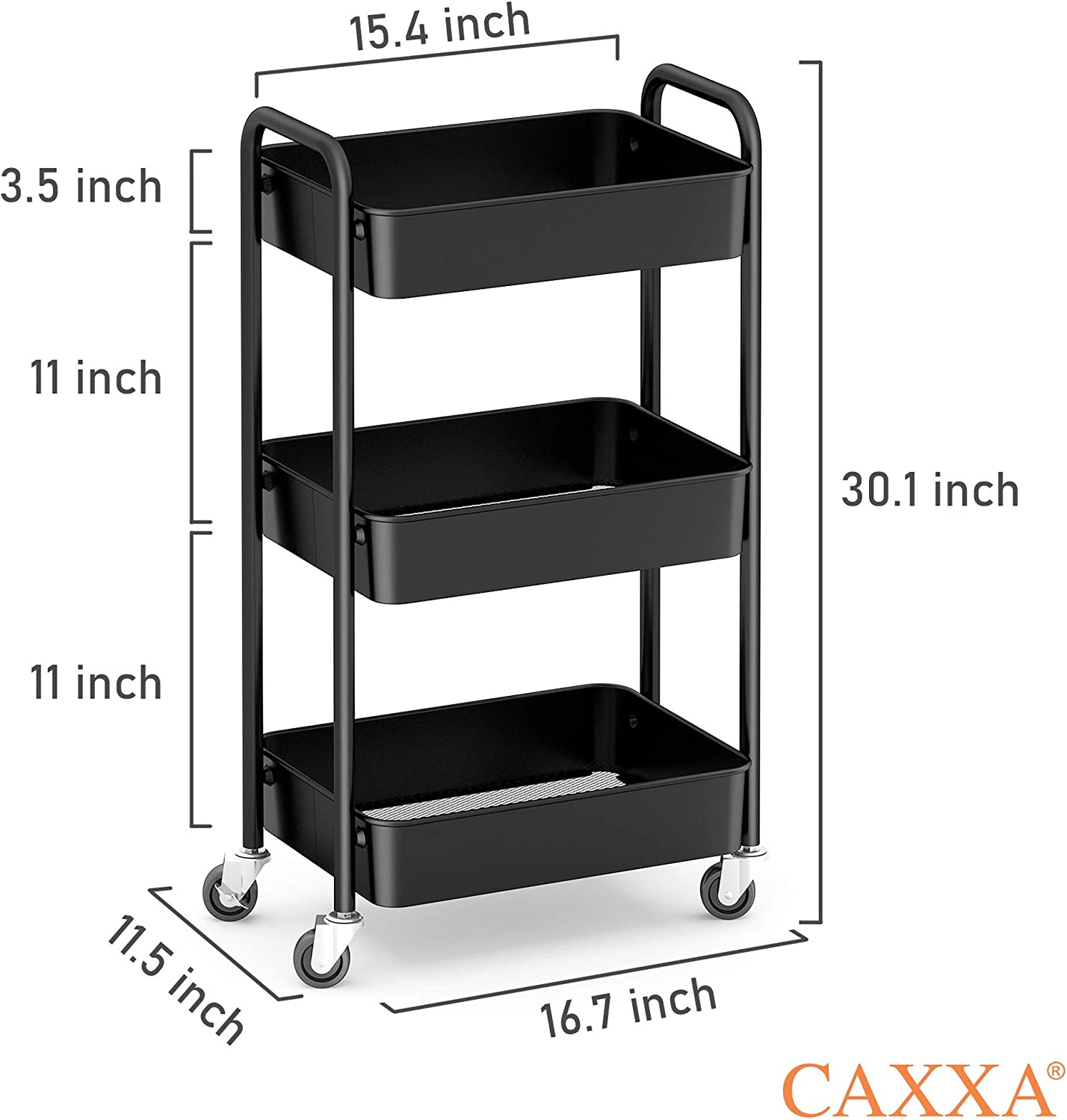 CAXXA 3-Tier Rolling Metal Storage Organizer - Mobile Utility Cart， Kitchen Cart with Caster Wheels (Black)