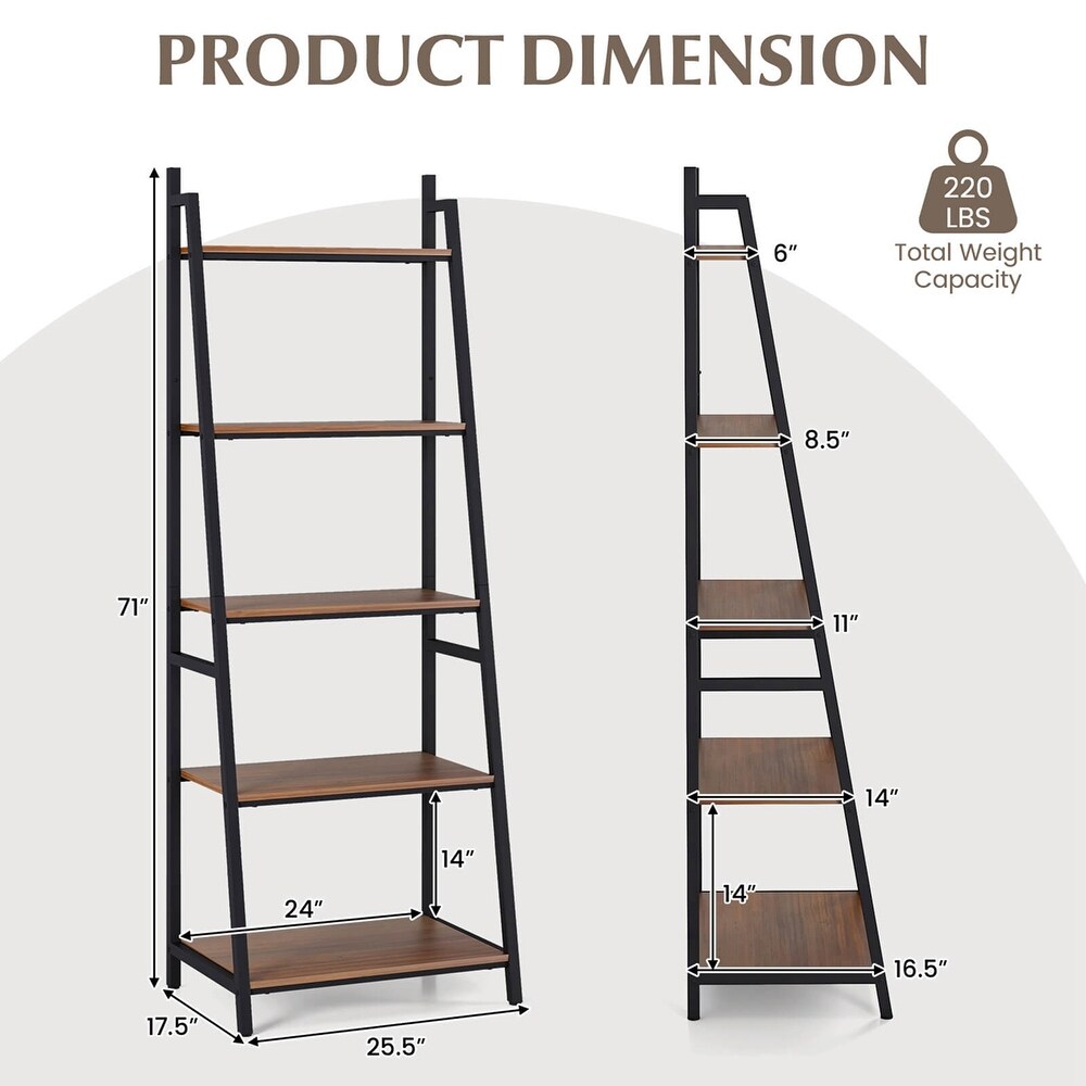 Costway Industrial Ladder Shelf Rustic 5 Tier Leaning Bookshelf Wood   See Details