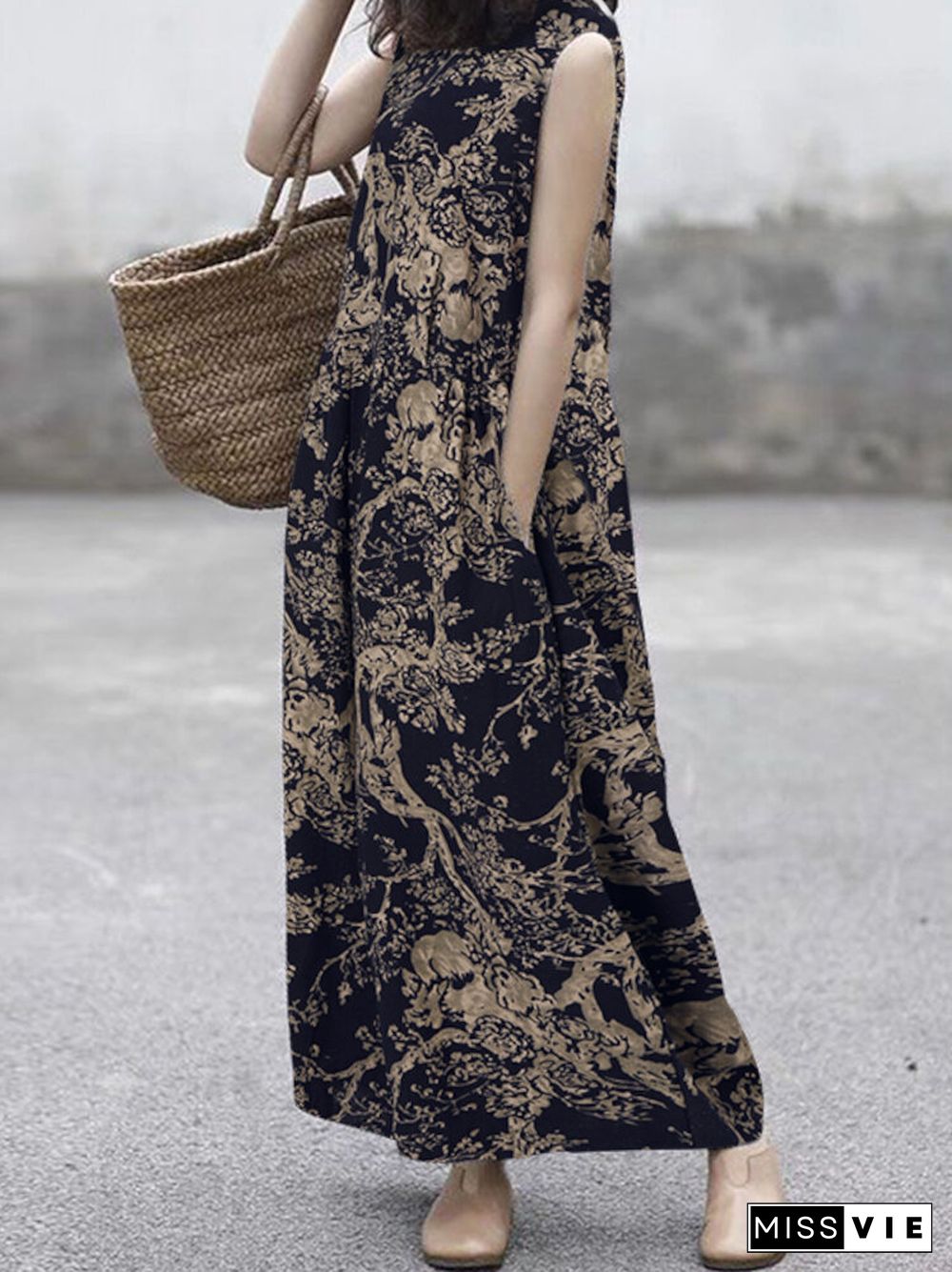 Plant Print Pocket Sleeveless Wide Leg Casual Jumpsuit