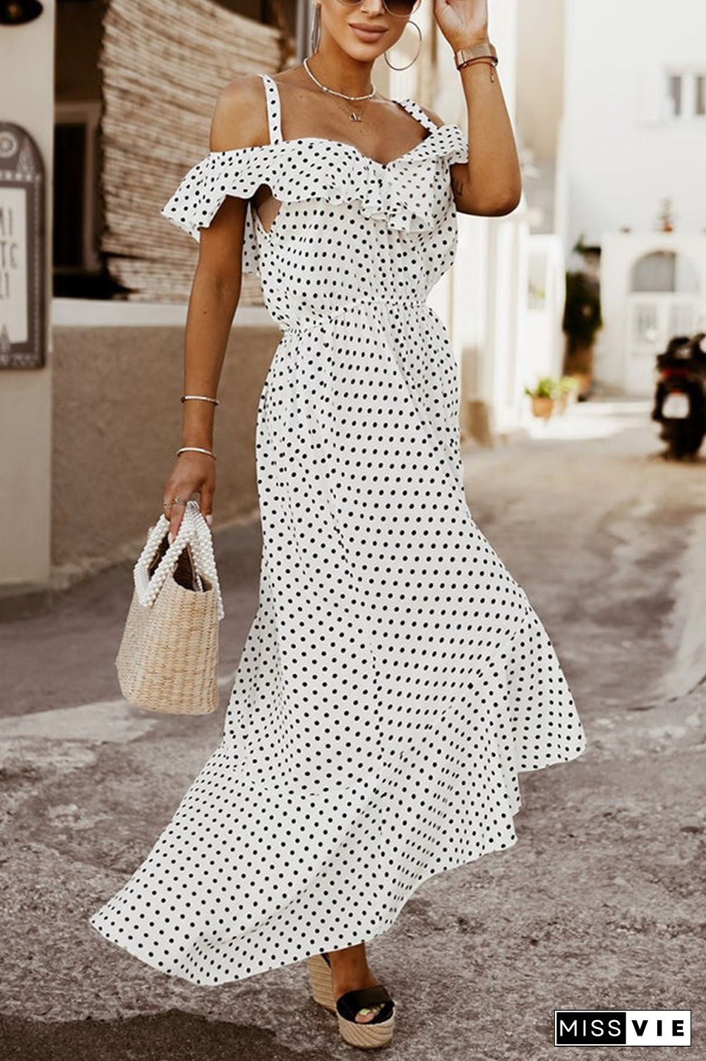 Dot Ruffles Off Shoulder Irregularity Maxi Dress