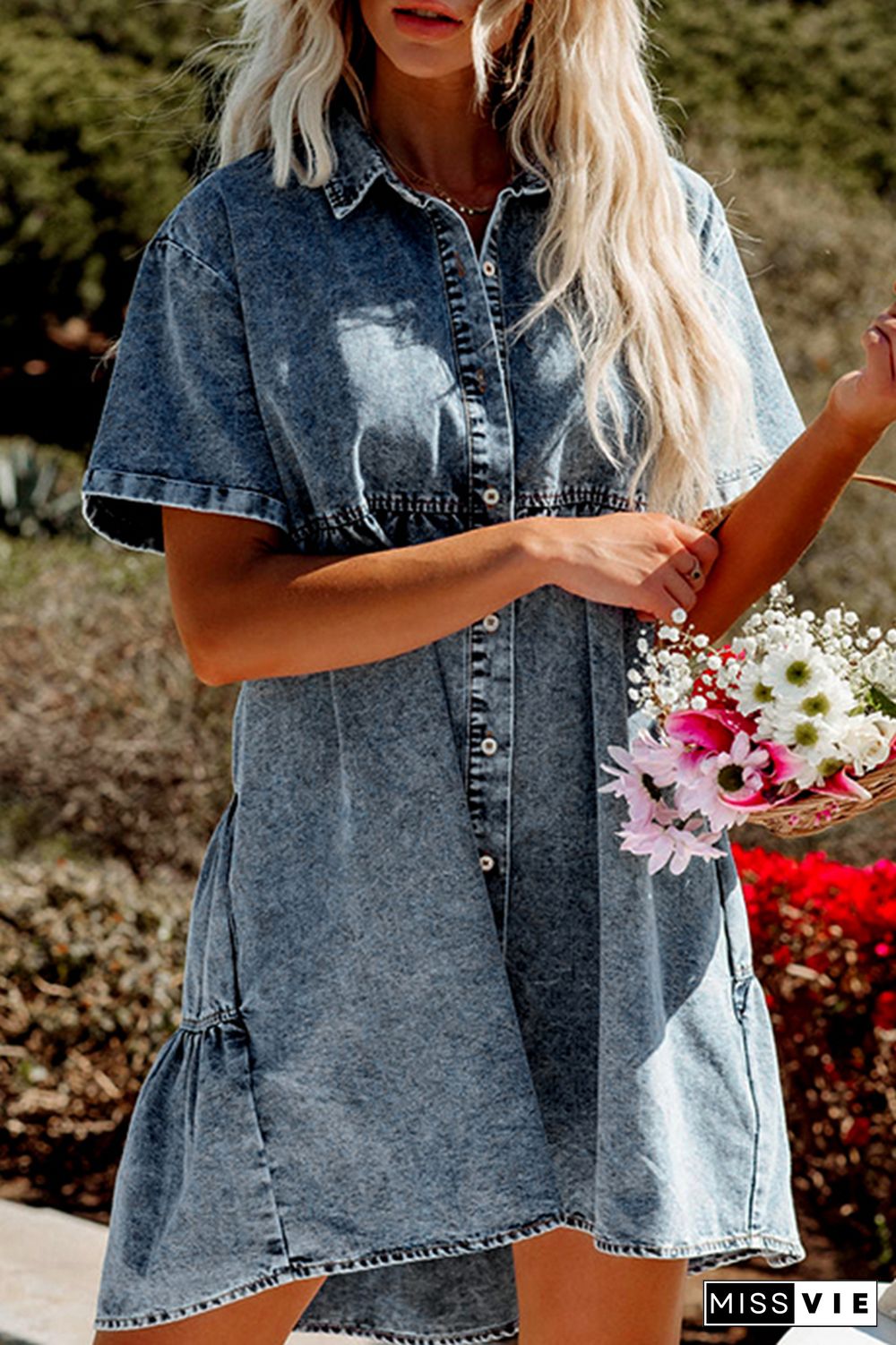 Washed Denim Short Sleeve Ruffle Dress Wholesale