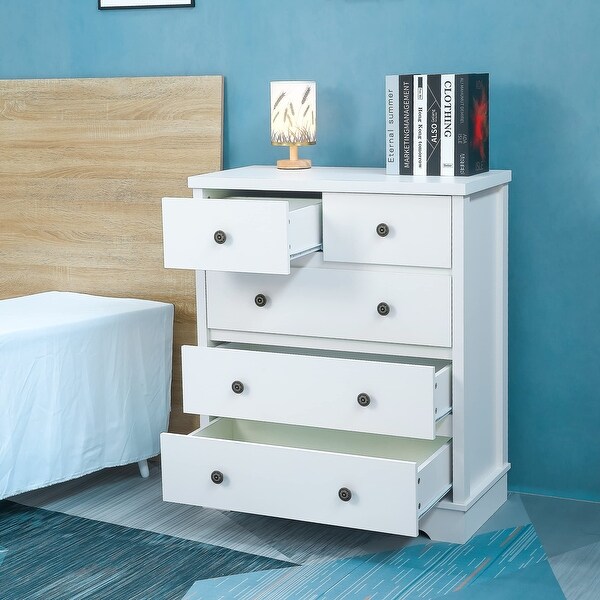 Modern 5-Drawer Cabinet， Wood Storage Cabinet Dresser Chest Accent Cabinet with Pewter Knobs and Open Countertop - as picture - - 37668999