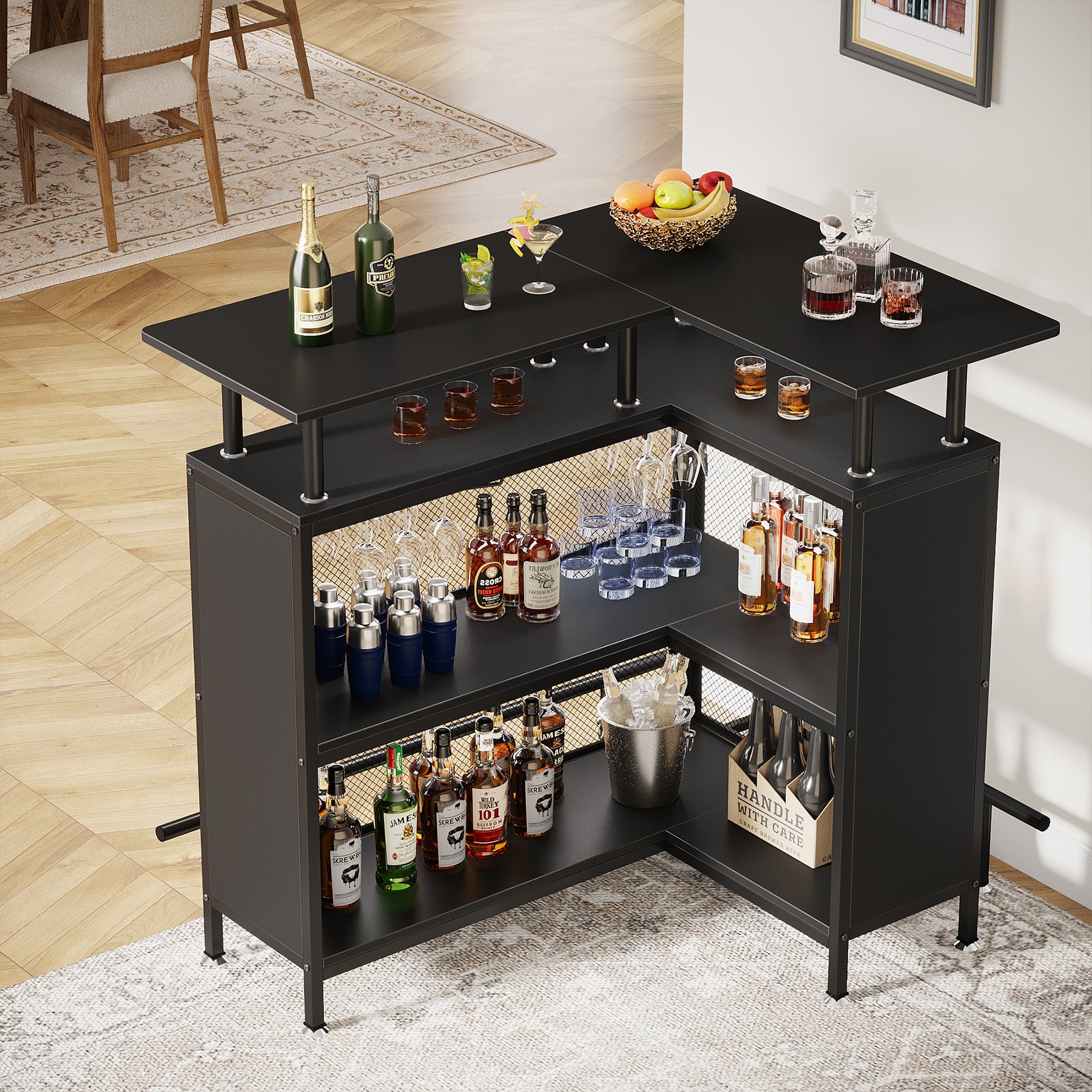 L-Shaped Home Bar Unit, Liquor Bar Table with Glasses Holders & Shelves