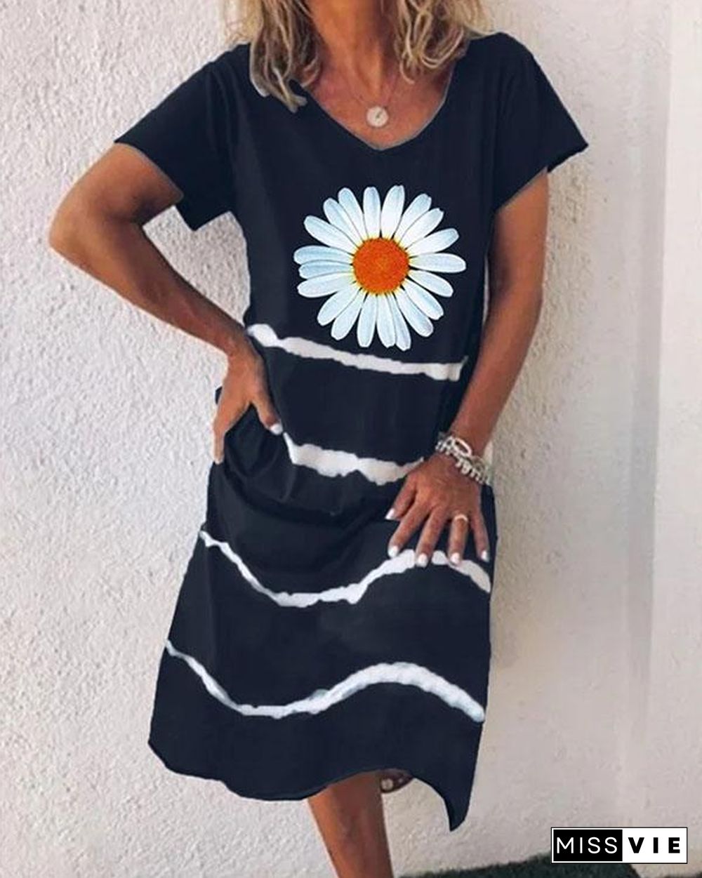 Women Flower Stripe V Neck Short Sleeve Midi Dress