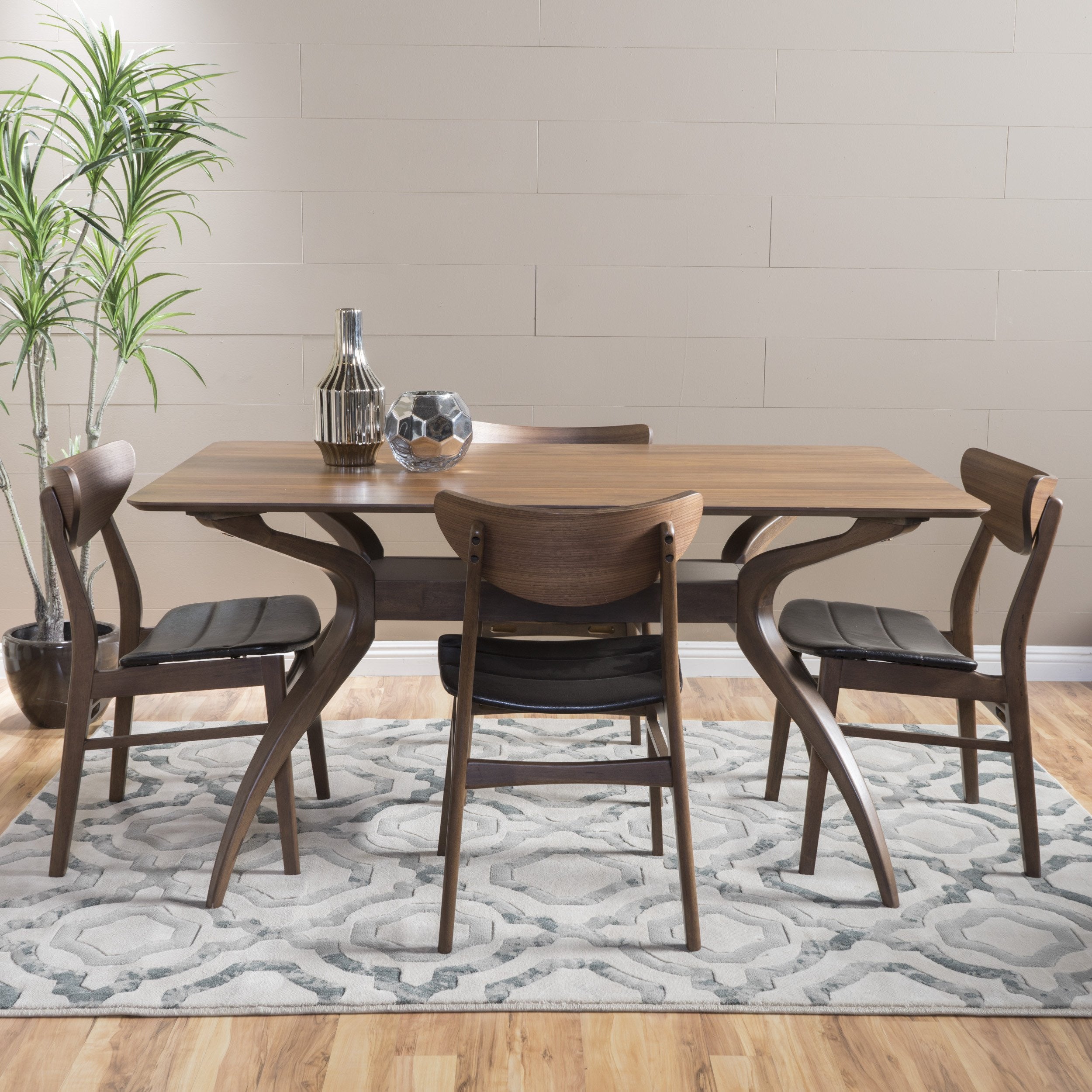 Camilla Dark Brown Leather Wood Finish Curved Leg Rectangular 5 Piece Dining Set