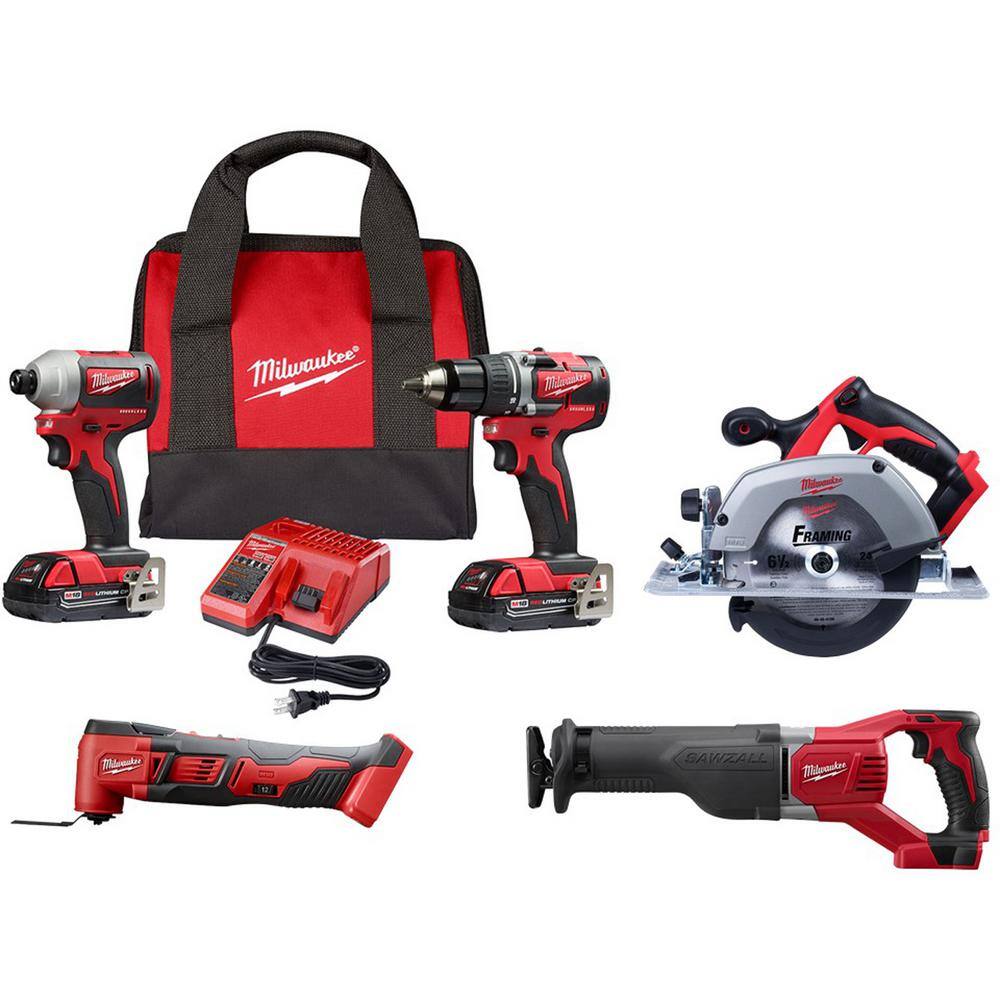 MW M18 18V Lithium-Ion Cordless Compact DrillImpactMulti-ToolCircular SawReciprocating Saw Combo Kit (5-Tool) 2892-22CT-2626-20-2630-20-2621-20