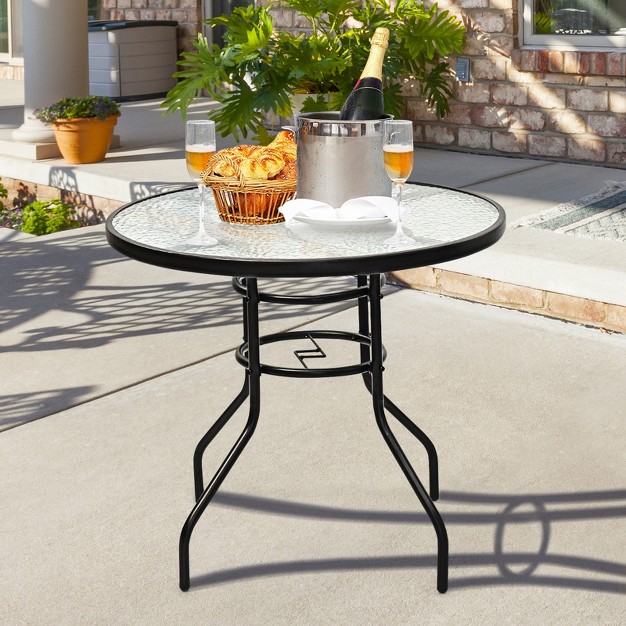 Tangkula Patio Round Table Patio Furniture Steel Frame Dining Table W Glass Top