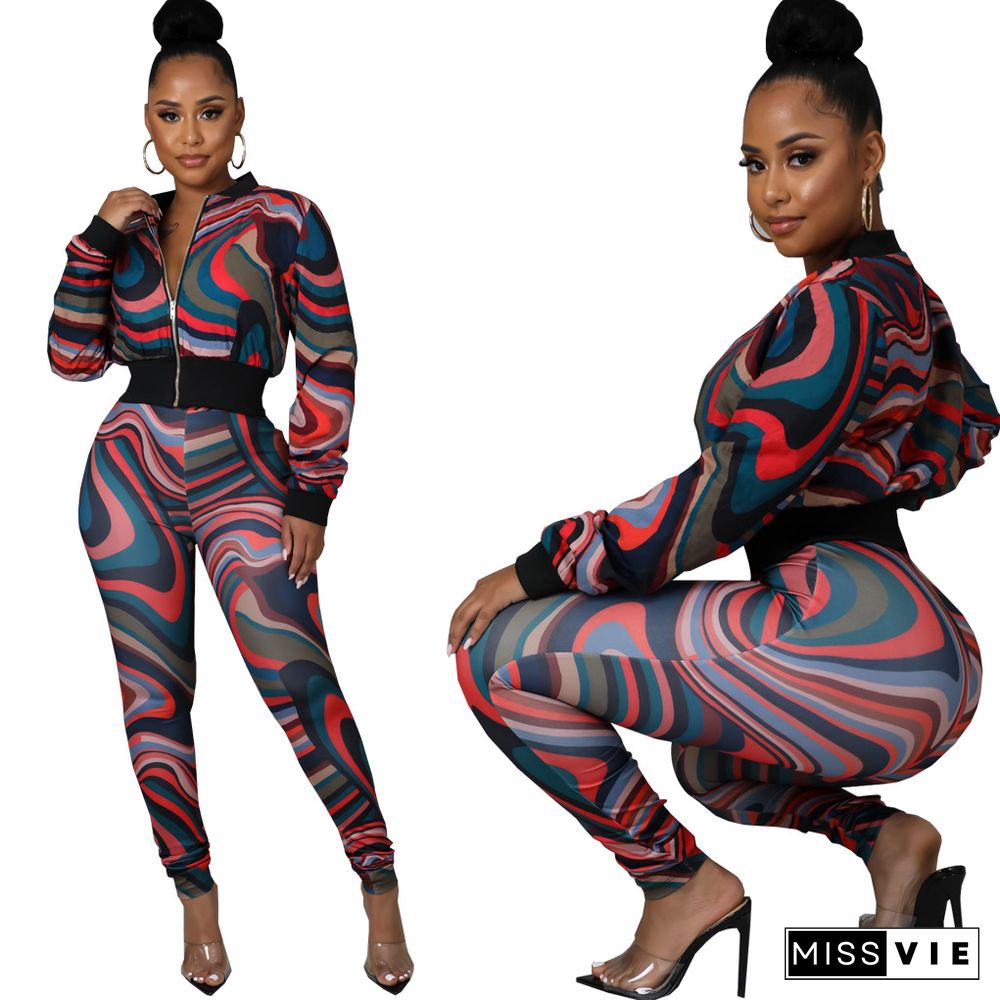 Printed Long Sleeve Zipper Jacket And Pant Suits