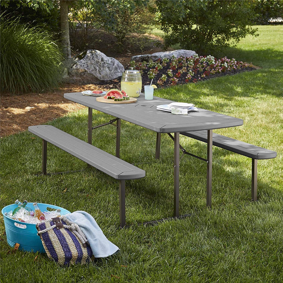 Folding Patio Picnic Dining Table  Metal Frame With Dark Wood Grain Top  ampSeats   Transitional   Outdoor Dining Sets   by Decor Love  Houzz