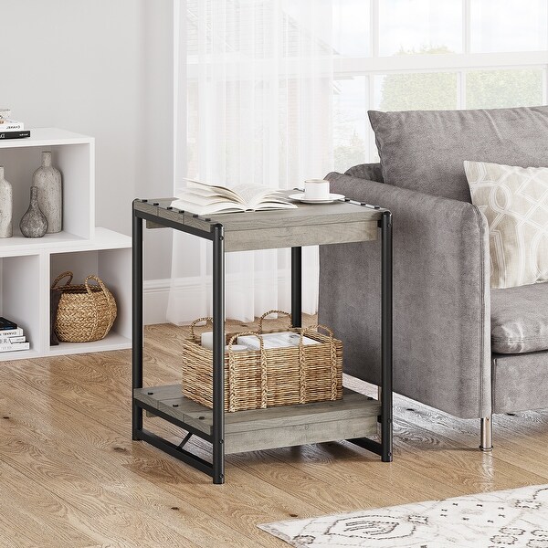 Farmhouse End Table， 19.6 Inch Sofa Side Table with 2-Tier Storage， Square End Table with Sturdy Frame