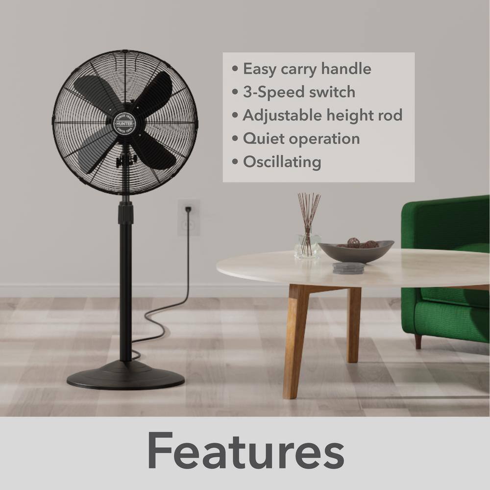 Hunter Classic 16 in. 3-speed Pedestal Fan in Matte Black with Non-slip Base and Easy-Carry Handle 97316