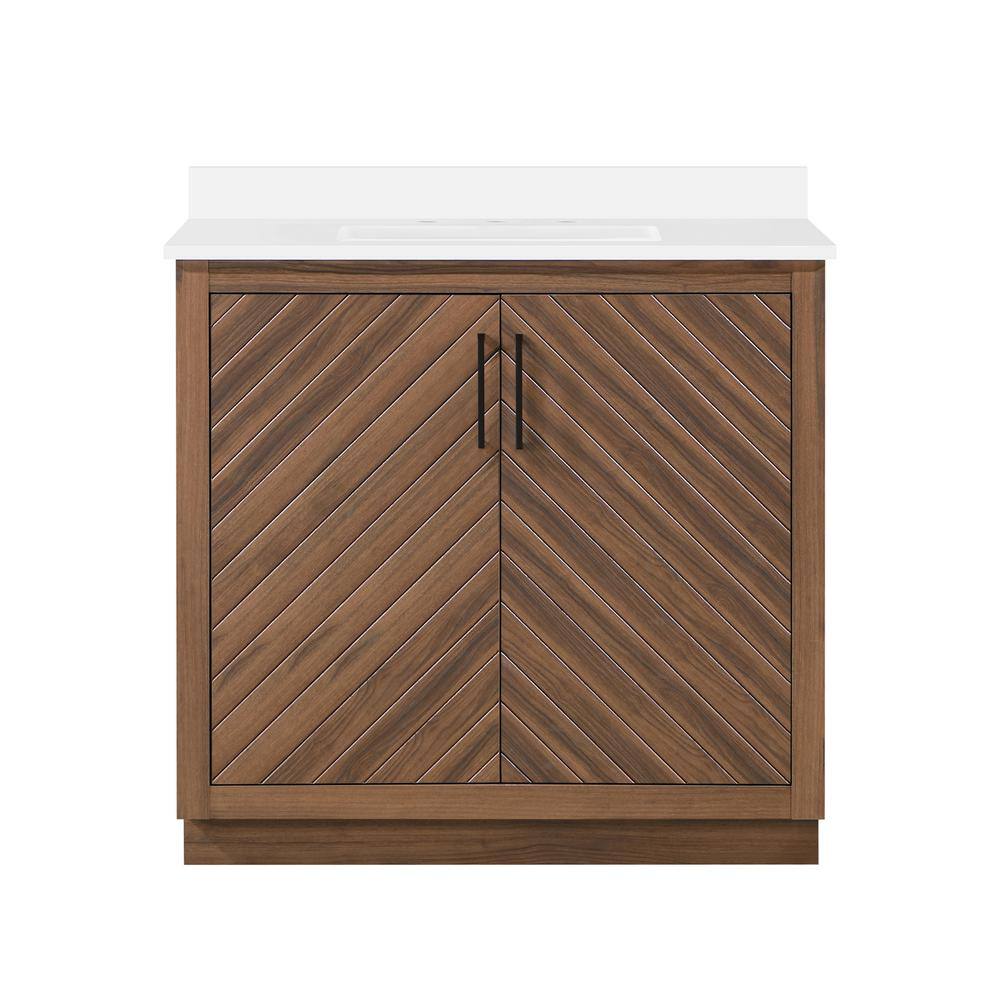 Glacier Bay Huckleberry 36 in. W x 19 in. D x 34.50 in. H Freestanding Vanity in Spiced Walnut with White Engineered Stone Top Huckleberry36SW