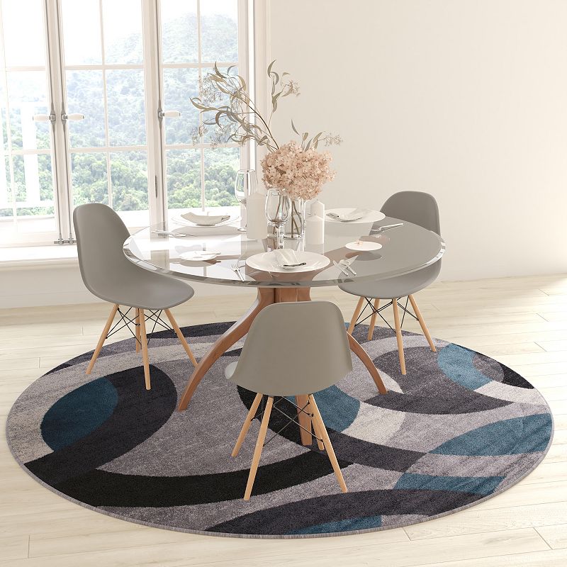 Masada Rugs Masada Rugs， Thatcher Collection Accent Rug with Interlocking Circle Pattern in Blue/Grey with Olefin Facing and Natural Jute Backing - 8'x8' Round