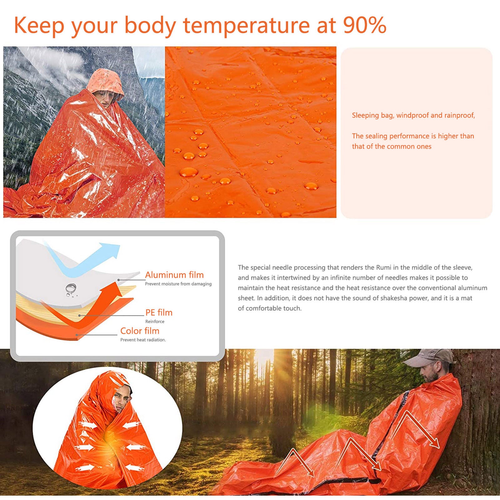 Bzoosio Emergency Sleeping Bag Thermal Waterproof For Outdoor Survival Camping Hiking