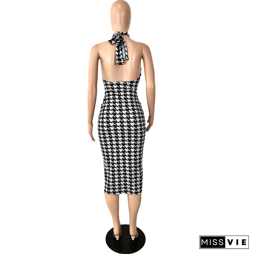 Houndstooth Print Sexy Halter Dress