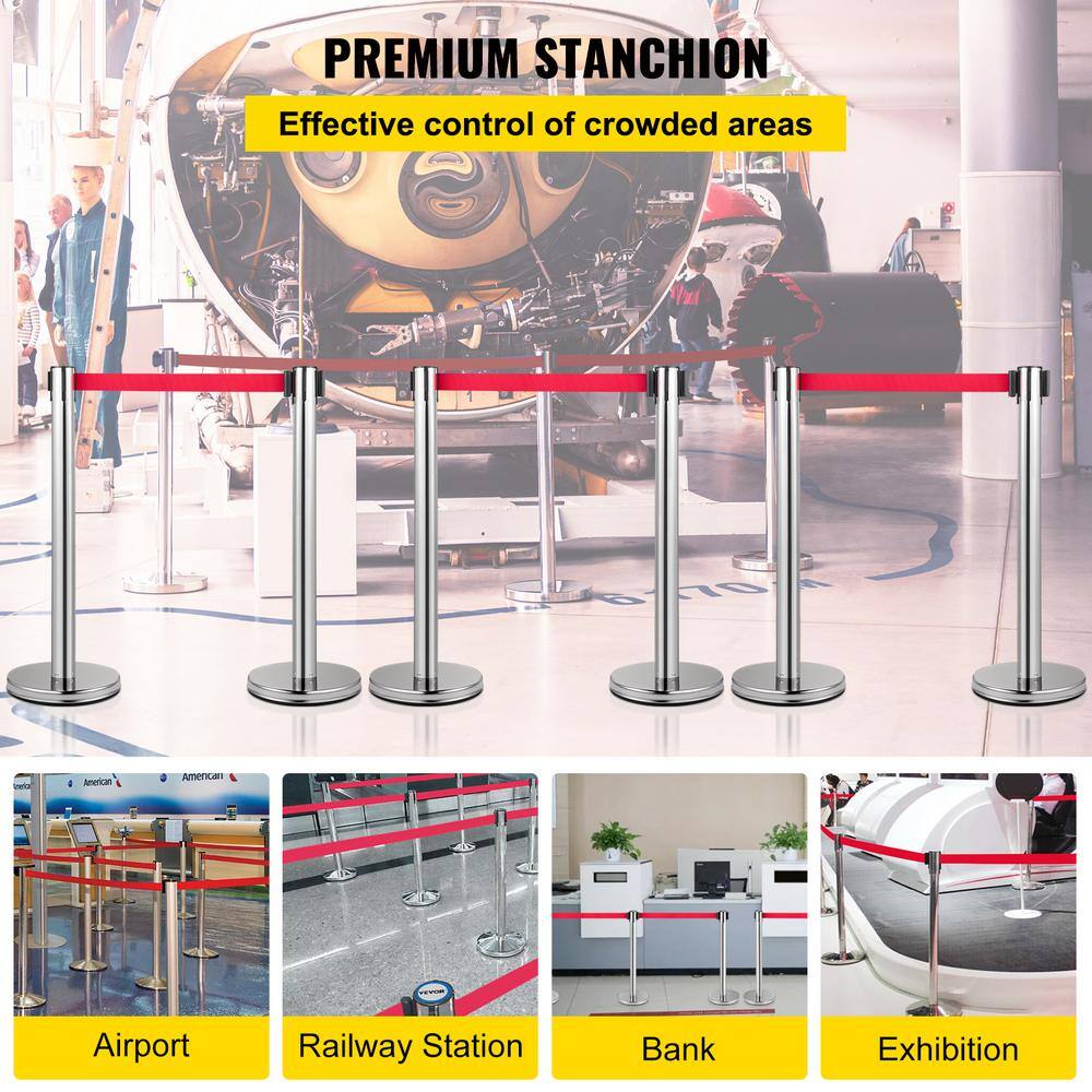 VEVOR 6.6 ft. Crowd Control Stanchion Set Red Retractable Belt Line Dividers with Sturdy Rubber Base in Silver (6-Pieces) GLZYSHDJTZGX6WOY8V0