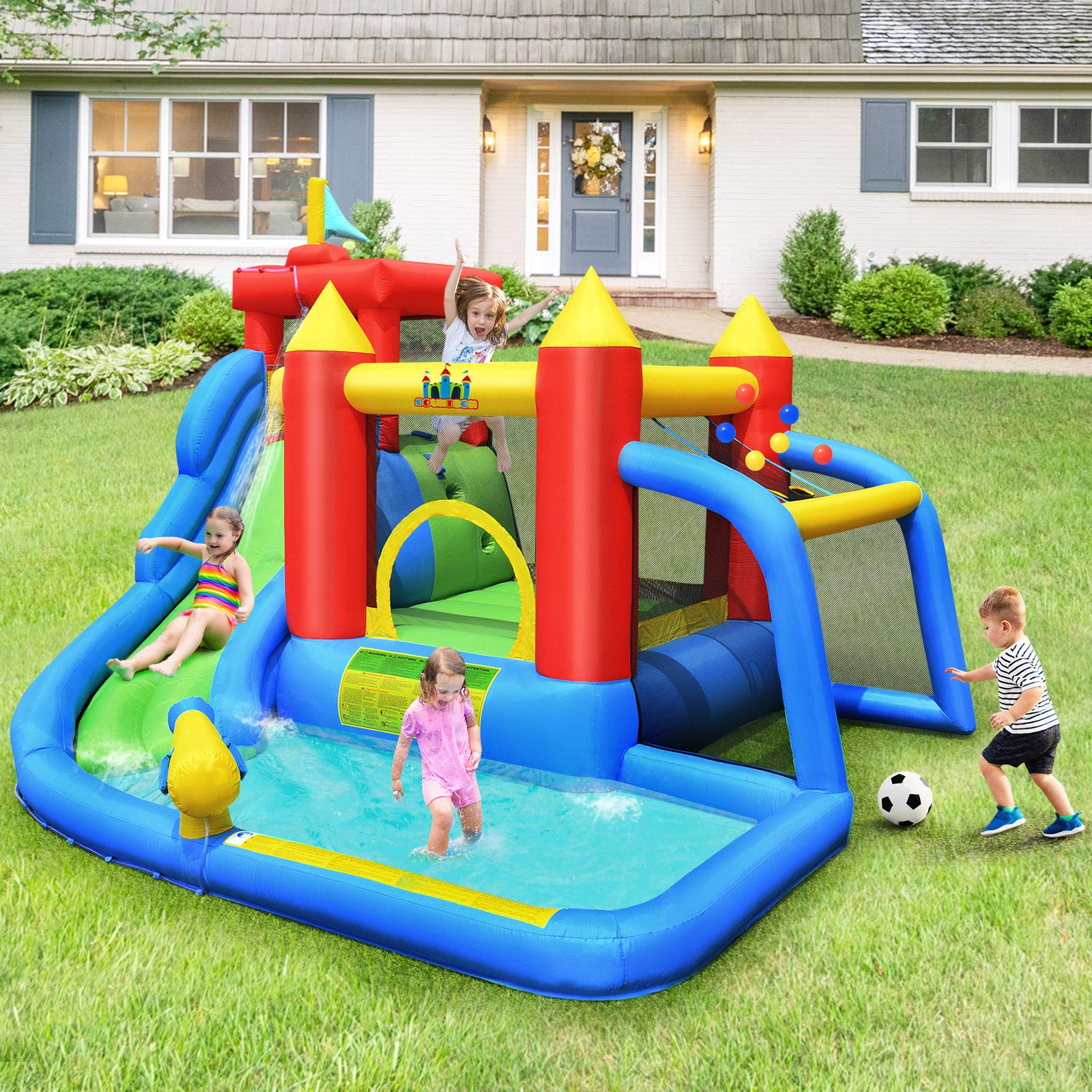 BOUNTECH Inflatable Bounce House, 7 in 1 Water Slide Park w/ Jumping Area