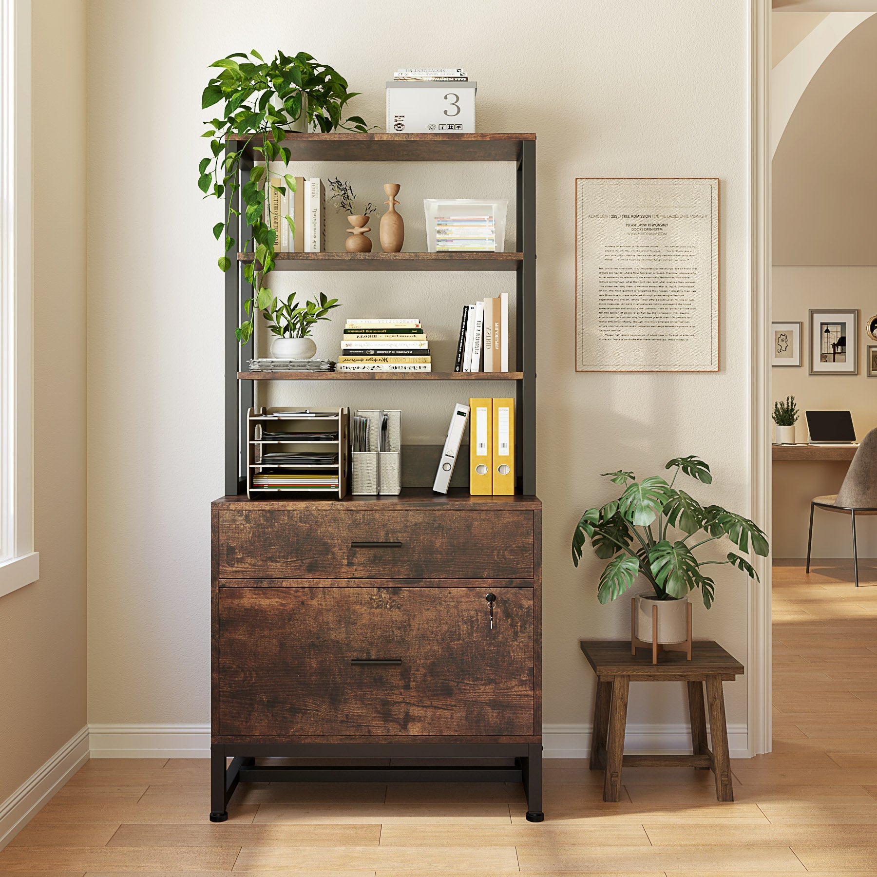 2-Drawer File Cabinet, Vertical Filing Cabinet with Lock & Bookshelf