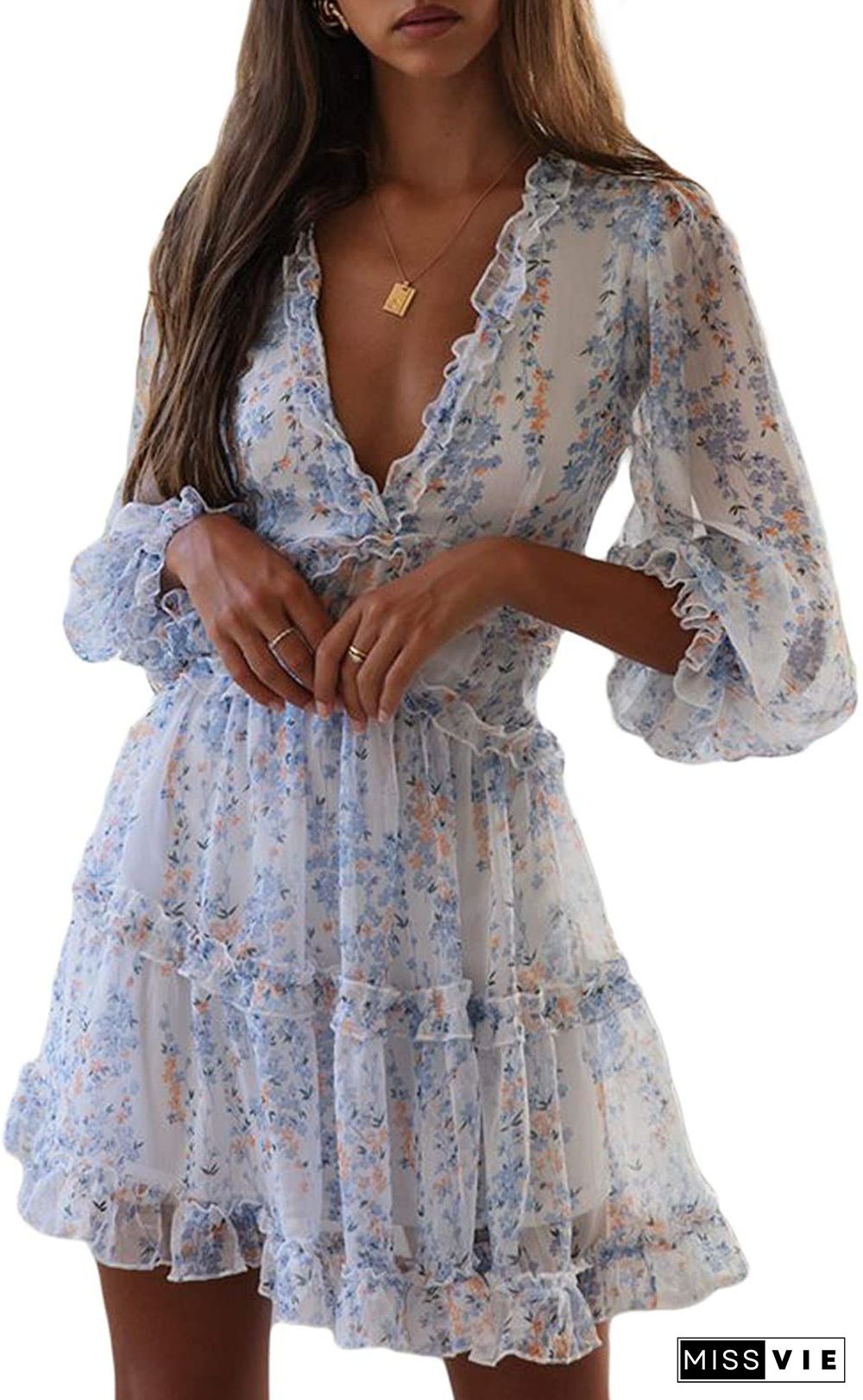 Ditsy Floral Prints Ruffle Edge Tiered Long Sleeve Boho Dress