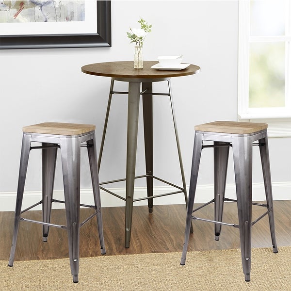 30inch Metal Stool with Light/Dark Wooden Seat-Set of 4