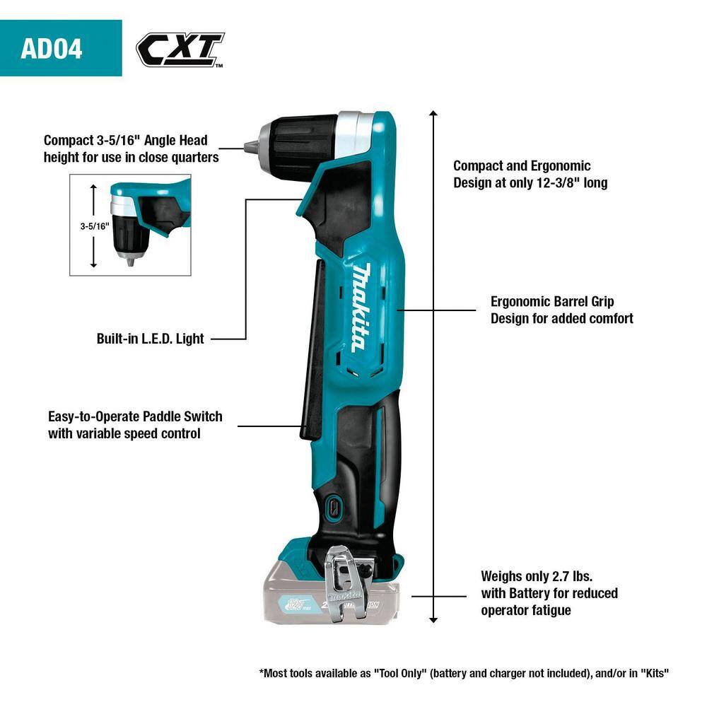 Makita 12V max CXT Lithium-Ion Cordless 38 in. Right Angle Drill Kit (2.0 Ah) AD04R1